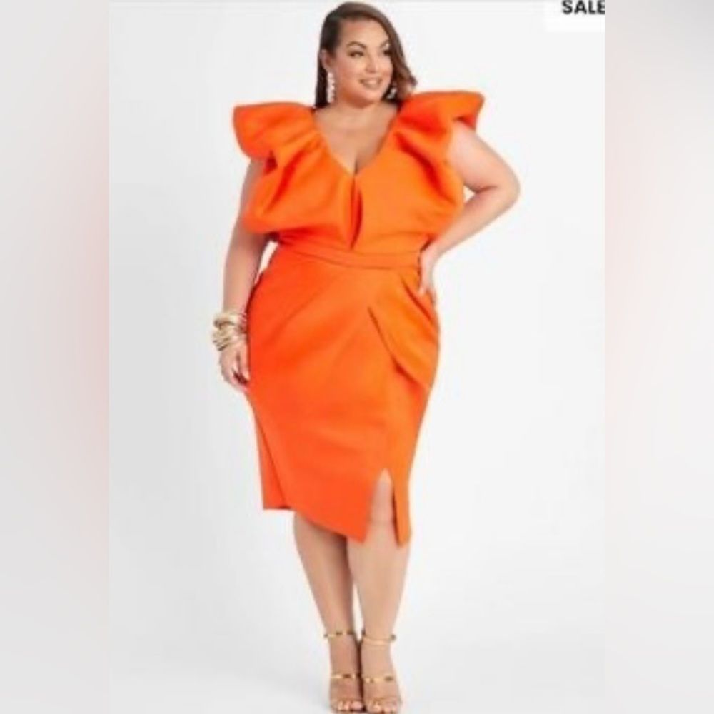 Ashley Stewart orange Bodycon dramatic sleeves dress
